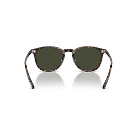Brown tortoiseshell round-frame sunglasses with dark green lenses, rear view showing temples and frame detail