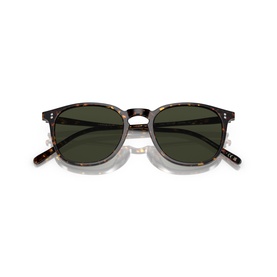 Oliver Peoples Finley Vintage Sun sunglasses in dark tortoise with green lenses, square keyhole bridge frame, flat lay view