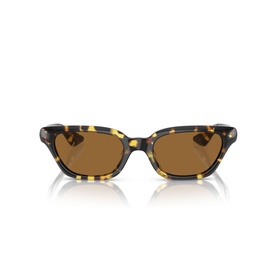 Oliver Peoples sunglasses in brown tortoiseshell, angular cat-eye frames with dark brown lenses, front-facing view