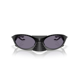 Matte black wrap-around sunglasses with dark grey lenses and angular sporty frame, front-facing view