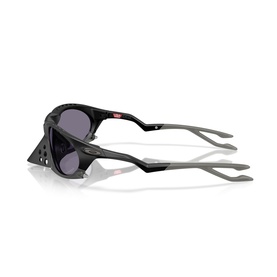 Oakley wraparound sunglasses in matte black with grey lenses and silver arms, shown from rear three-quarter angle