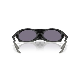Black wraparound sunglasses, rear view showing grey tinted lenses and textured black frame arms
