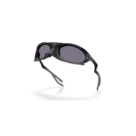 Black wraparound sunglasses with grey tinted lenses, crystal embellishment detail on frame, and grey rubber temple tips