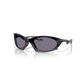Wraparound sunglasses with glossy black frames and dark grey tinted lenses, slim temple arms with small logo detail