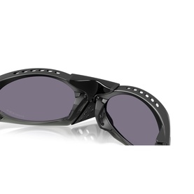 Black wraparound sunglasses with grey tinted lenses, perforated frame detailing, close-up angled view