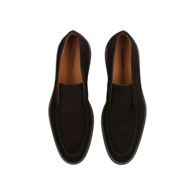 Magnanni brown suede loafers, overhead flat lay showing tan leather lining and dark rubber sole
