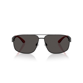Black aviator sunglasses with dark grey lenses, double bridge, red temple tips and metal frame