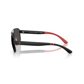 Ralph Lauren sunglasses in matte black with red temple detailing, grey lenses, shown from rear three-quarter angle