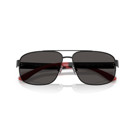 Black aviator sunglasses with double bridge, dark grey lenses and red inner frame detailing on temples
