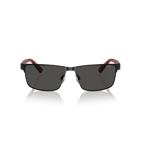 Black rectangular metal frame sunglasses with dark grey lenses and red accent detailing on temples