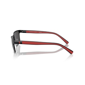 Black and red rectangular sunglasses shown from side angle, revealing red inner temples and dark lenses