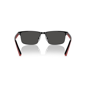 Black rectangular sunglasses, rear view showing dark lenses, black metal frame, and red temple tips with contrast detailing