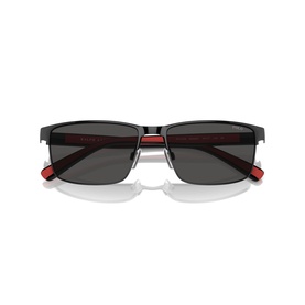 Black and red rectangular sunglasses with dark grey lenses, gunmetal bridge, and red inner frame detailing on temples