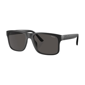 Polo Ralph Lauren black square-frame sunglasses with dark grey lenses and branded grey temples