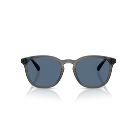 Translucent grey round-frame sunglasses with blue lenses and dark temples, front-facing flat lay view