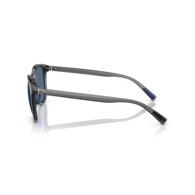 Grey square-frame sunglasses with blue gradient lenses, shown from the side to highlight slim temples and subtle blue detailing