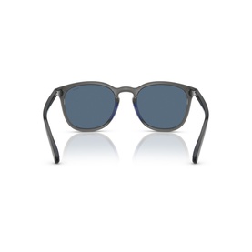 Translucent grey round-frame sunglasses with blue lenses, shown from rear angle highlighting temple arms and frame construction