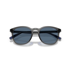 Rounded square-frame sunglasses in translucent grey with blue tinted lenses and blue temple tips