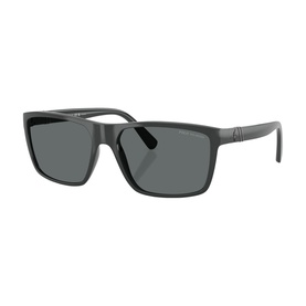 Polo Ralph Lauren grey sunglasses with rectangular frames, dark lenses, and black temple arms