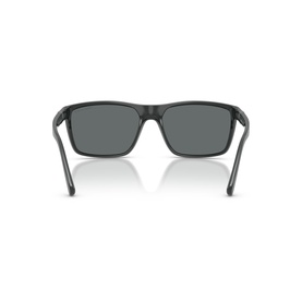 Polo Ralph Lauren grey sunglasses, rear view showing black square frames and dark lenses with temple arms extended