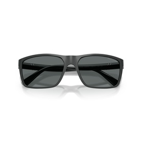 Polo Ralph Lauren grey sunglasses with rectangular frames, dark lenses, and matte black finish, shown folded from the front