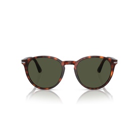 Persol sunglasses in tortoiseshell acetate with round green lenses and silver metal bridge detail