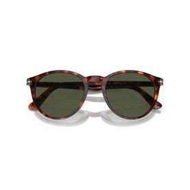 Persol sunglasses in tortoiseshell acetate frames with round lenses and green tinted lenses, silver metal bridge detail