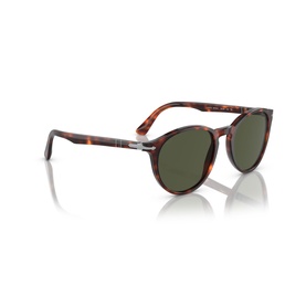 Persol sunglasses in tortoiseshell with round green lenses and silver bridge detail, angled product view