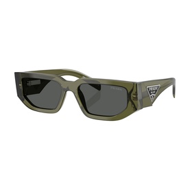 Prada rectangular sunglasses in translucent olive green with dark grey lenses and silver triangle logo on temple