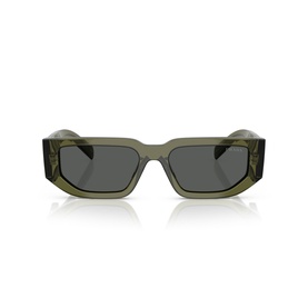 Rectangular sunglasses in translucent olive green frame with dark grey lenses and angular silhouette