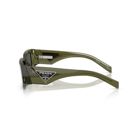 Prada olive green rectangular sunglasses, side profile showing triangle logo on temple and dark lenses