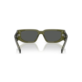 Olive green rectangular sunglasses, rear view showing grey lenses, silver temple detail and transparent frame construction