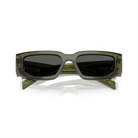 Translucent olive green rectangular sunglasses with dark grey lenses, viewed from rear angle showing thick arms and temple tips