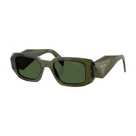 Prada angular rectangular sunglasses in olive green, dark green lenses, logo detail on temples