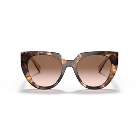Pink tortoiseshell cat-eye sunglasses with oversized frames and gradient brown lenses, front-facing product view