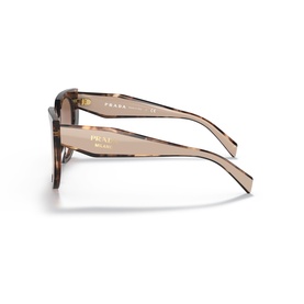 Prada sunglasses in tortoiseshell brown, side profile view showing temple arms with gold Prada Milano branding and gradient lenses.