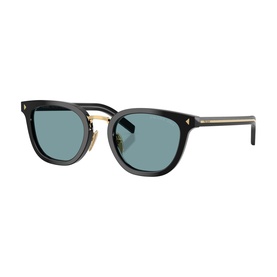 Prada black sunglasses with square frames, gold-tone bridge and temples, and blue-tinted lenses