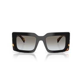 Black square acetate sunglasses with tortoiseshell temple tips and gradient grey lenses, front-facing product view