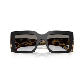 Oversized square sunglasses with black and tortoiseshell acetate frame, grey gradient lenses, and gold-tone temple detail