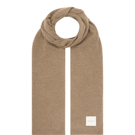Profuomo beige 100% cashmere scarf with cream logo patch, displayed flat in a looped style