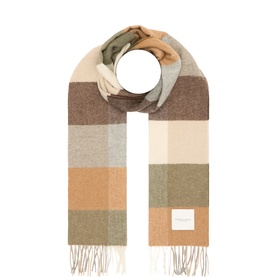 Profuomo camel check wool scarf with fringe ends, in neutral tones of beige, brown, and sage green with small logo patch