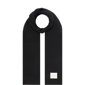 Profuomo navy wool blend scarf with small logo patch label, flatlay showing full length and looped neckline