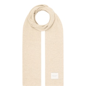 Profuomo beige knit scarf in wool blend, looped and laid flat with small woven label detail
