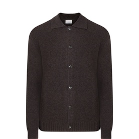Profuomo brown wool cardigan with spread collar, button-front fastening, and ribbed cuffs and hem