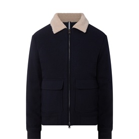 Profuomo navy wool casual jacket with shearling collar, zip fastening, and twin patch pockets