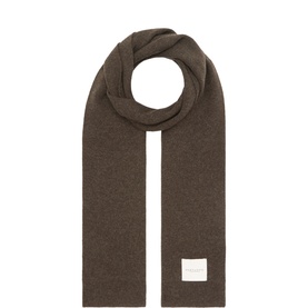 Profuomo dark brown knitted scarf with ribbed texture and woven logo patch, 50% wool blend
