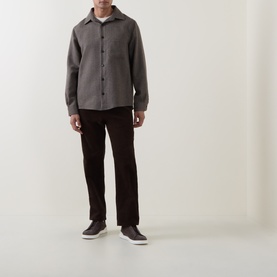 Model wearing Profuomo brown wool blend casual shirt, styled with dark corduroy trousers and dark leather trainers