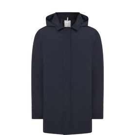 Profuomo navy hooded coat with concealed zip fastening, clean minimal silhouette, polyester-elastane construction
