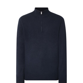 Profuomo navy cashmere half-zip jumper with ribbed collar and silver zip detail, flat lay