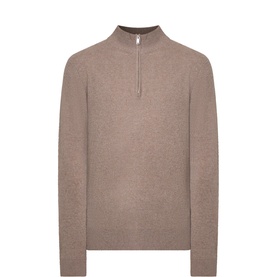 Profuomo Dark Beige cashmere half-zip jumper with ribbed collar and long sleeves, flat lay view